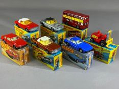 Seven boxed Matchbox diecast model vehicles: 16 Mercedes 350 SL x 3, 15 Fork Lift Truck, 17 The