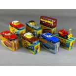 Seven boxed Matchbox diecast model vehicles: 16 Mercedes 350 SL x 3, 15 Fork Lift Truck, 17 The