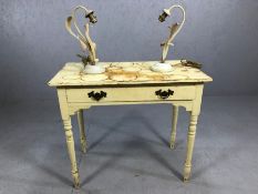 Vintage pine painted console table or desk, with single drawer, and a pair of vintage lamps