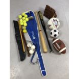 Collection of sporting equipment, some vintage, to include baseball glove and balls, an American