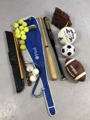Collection of sporting equipment, some vintage, to include baseball glove and balls, an American