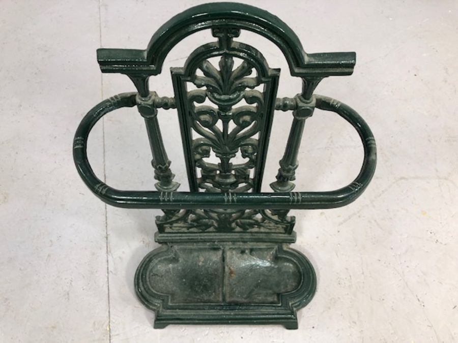 Green cast iron umbrella stand with drip tray, approx 53cm in height - Image 2 of 3