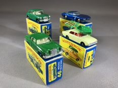Four boxed Matchbox Series diecast model vehicles: 14 Iso Grifo, 45 Ford Corsair and Boat, 46