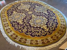 Large vintage / retro oval yellow ground rug, approx 367cm x 280cm