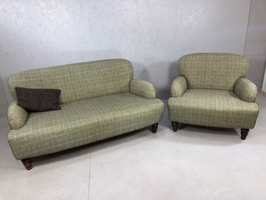 Contemporary sofa by Tetrad, upholstered in Harris Tweed, on turned front supports, approx 155cm