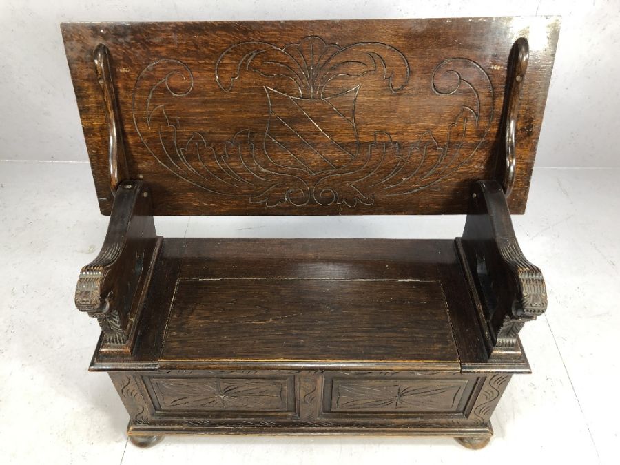 Carved monk's bench with hinged seat and storage under, approx 107cm x 46cm x 63cm tall - Image 3 of 7