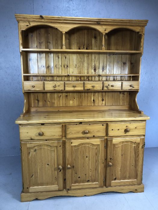 Pine kitchen dresser, cupboards and drawers under, shelves above, approx 134cm x 45cm x 190cm tall