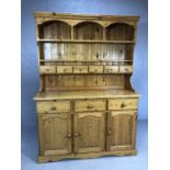 Pine kitchen dresser, cupboards and drawers under, shelves above, approx 134cm x 45cm x 190cm tall