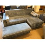Modern L-Shaped sofa in grey velvet with matching foot stool, approx 200cm x 140cm