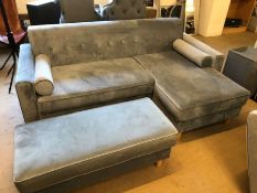 Modern L-Shaped sofa in grey velvet with matching foot stool, approx 200cm x 140cm