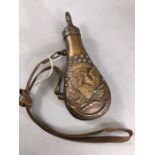 Militaria: Copper & Metal American Powder flask approx 21cm long with leather strap