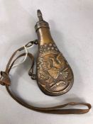 Militaria: Copper & Metal American Powder flask approx 21cm long with leather strap