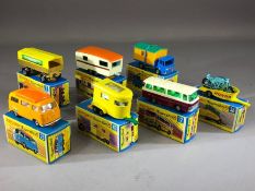 Seven boxed Matchbox Superfast diecast model vehicles: 2 Mercedes Trailer, 12 Setra Coach, 23