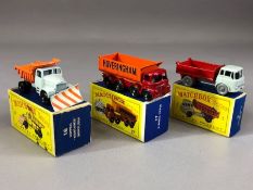 Three boxed Matchbox Series diecast model vehicles: 3 Bedford Tipper Truck, 16 Scammell