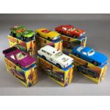 Six boxed Matchbox Superfast diecast model vehicles: 13 Baja Buggy, 14 ISO Grifo, 27 Mercedes 230