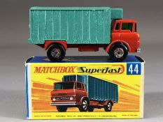 Boxed Diecast vehicle: Matchbox series No.44 Refrigerator Truck, in red and sea green, green windows