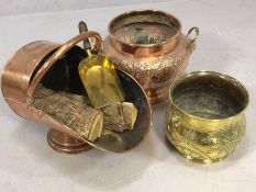 Three copper and brass items to include coal scuttle