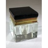 Heavy glass square inkwell with black glass lid and brass hinges and frame and original glass