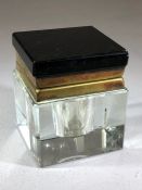 Heavy glass square inkwell with black glass lid and brass hinges and frame and original glass