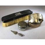 Collection of silver items to include a pair of bangles, silver lidded pot, trowel book mark and a
