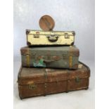 Two vintage suitcases, the larger approx 69cm x 44cm x 25cm, a vintage metal bound trunk and a small