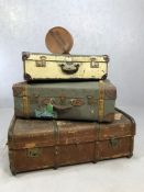 Two vintage suitcases, the larger approx 69cm x 44cm x 25cm, a vintage metal bound trunk and a small
