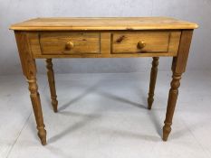 Pine hall or console table with two drawers on turned legs, approx 92cm x 45cm x 77cm tall