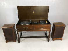 Dynatron vintage music cabinet containing Garrard 35SB turntable, accompanied by matching speakers