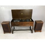 Dynatron vintage music cabinet containing Garrard 35SB turntable, accompanied by matching speakers