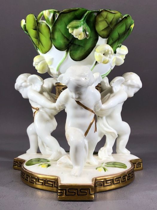 Late 19th century porcelain table centre piece, the bowl with water lily leaf and bloom design - Image 2 of 6