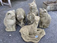Four concrete garden cat ornaments and a one ear deer
