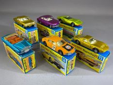 Six boxed Matchbox Superfast diecast model vehicles: 33 Lamborghini Mura P400, 36 Opel Diplomat,