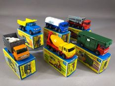 Six boxed Matchbox Superfast diecast model vehicles: 10 Pipe Truck, 17 Horse Box, 21 Foden