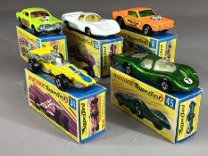 Five boxed Matchbox Superfast diecast model vehicles: 8 Wild Cat Dragster, 34 Formula 1 Racing