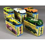 Five boxed Matchbox Superfast diecast model vehicles: 8 Wild Cat Dragster, 34 Formula 1 Racing