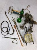 Collection of vintage items to include whip, roller skates, metal and glass ware