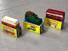 Three boxed Matchbox Series diecast model vehicles: 12 Safari Land Rover, 74 Damiler Bus, 68