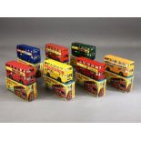 Seven boxed Matchbox no 17 'The Londoner' diecast model buses: Fruit Gums x 2, Its the Real Thing