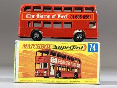 Boxed Diecast vehicle: Matchbox series No.74 Daimler Bus in 'The Baron of Beef' livery