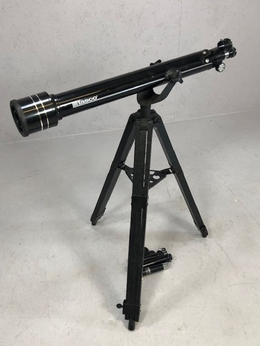 Tasco telescope on adjustable tripod stand, with accessories