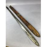 African sword with wound leather handle and leather scabbard, blade approx 68cm