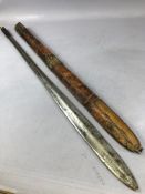 African sword with wound leather handle and leather scabbard, blade approx 68cm