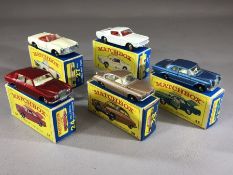Five boxed Matchbox Series diecast model vehicles: 8 Ford Mustang, 24 Rolls Royce Silver Shadow,