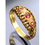 Antique 18ct Gold Ruby and Diamond ring, Three Rubies and two diamonds in a pierced setting size '