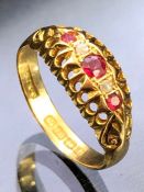 Antique 18ct Gold Ruby and Diamond ring, Three Rubies and two diamonds in a pierced setting size '