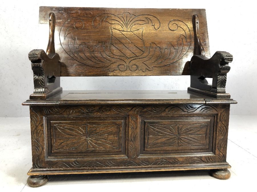 Carved monk's bench with hinged seat and storage under, approx 107cm x 46cm x 63cm tall - Image 2 of 7