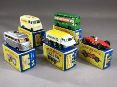 Five boxed Matchbox Series diecast model vehicles: 34 Volkswagen Camper, 61 Alvis Stalwart, 62, TV