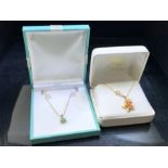 Two Gold Chains (9ct & 10ct) and two pendants (including 10ct rose gold flower) both boxed