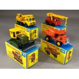 Four boxed Matchbox Series diecast model vehicles: 16 Case Tractor, 42 Iron Fairy Crane, 28 Mack