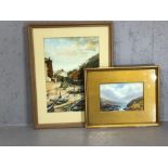 Two original framed watercolours: EDWINA WOODCOCK 'Fishing Village', approx 35cm x 25cm, signed